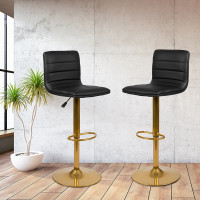 Flash Furniture 2-CH-92023-1-BK-G-GG Modern Black Vinyl Adjustable Bar Stool with Back, Counter Height Swivel Stool with Gold Pedestal Base, Set of 2